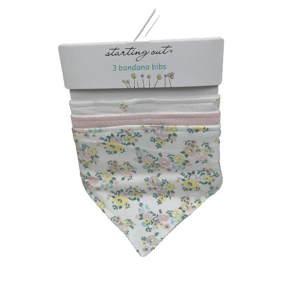 NEW Starting Out Bandana Bibs 3-Pack Baby Girls Snap Closure Floral Pink Pastel